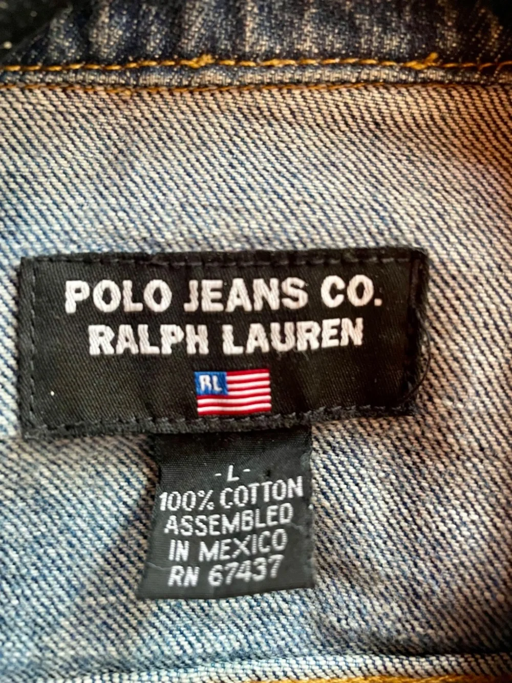 Vintage Ralph Lauren Denim Jacket, back is beaded with American Flag, sz. L - Picture 4 of 5
